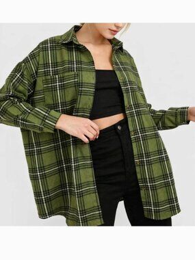 Nasty Gal Oversized Plaid Flannel Shirt Green Womens Size 6 Y2K Streetwear